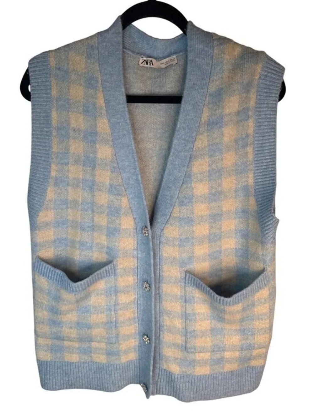 2/$30 ZARA Size Small Light Blue & Cream Gingham Knit Cardigan Vest S Polyester